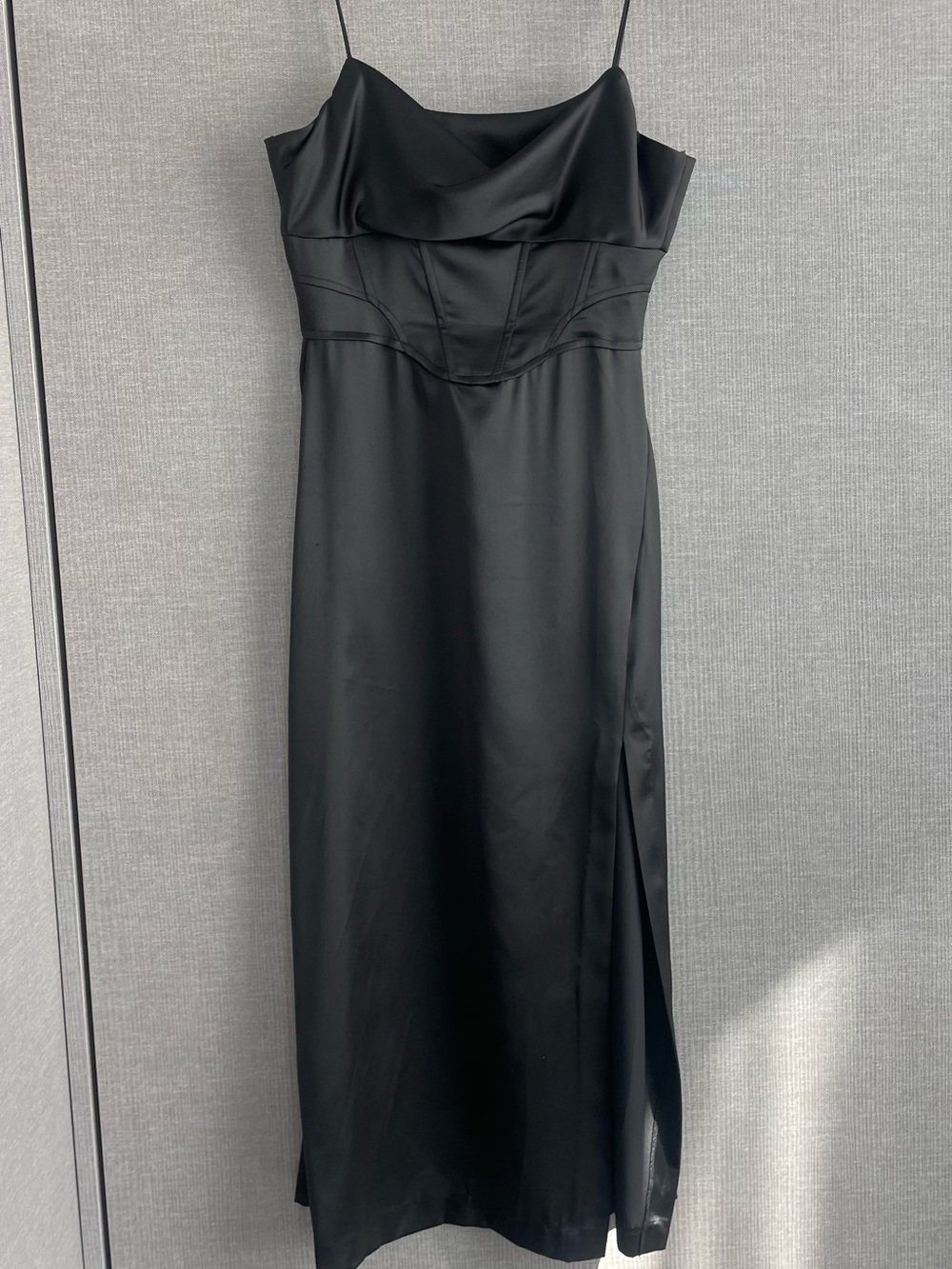 Zara Black Satin Midi Slip Dress with Cowl Neck